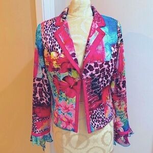 Boho Chic Vintage Corset Style Pink Floral Satiny Animal Floral Lined Jacket 4